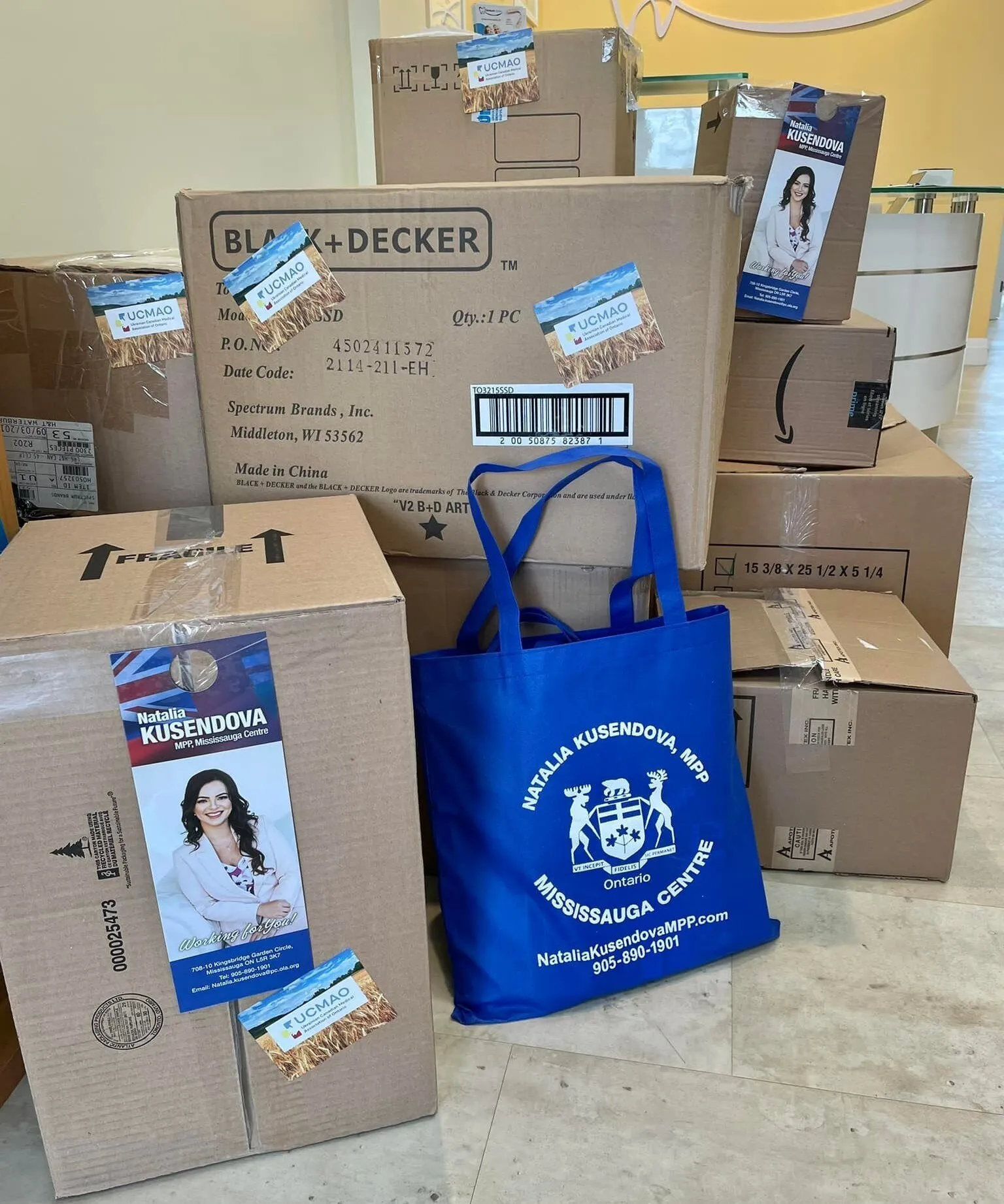 Boxes of donated medical supplies and household items